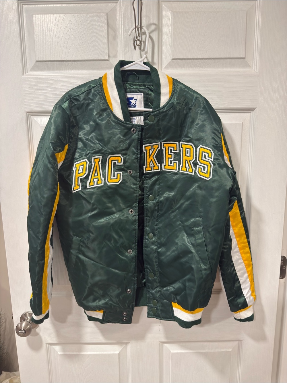 STARTER Green and Yellow Satin Packers Bomber Jacket